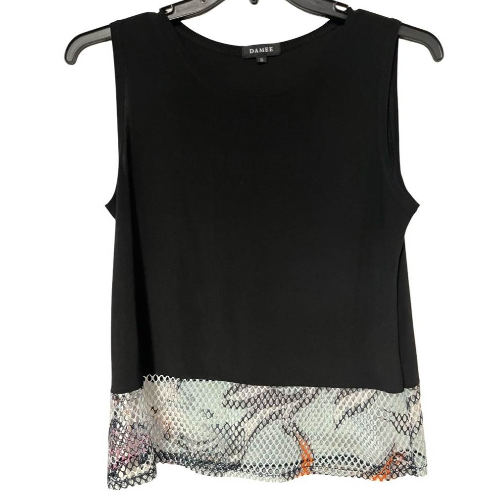 Damee Black Sleeveless Knit Top with Printed Mesh Hem Size Small